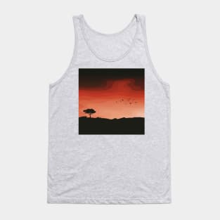 Flock of Birds and Tree Silhouette Against a Sunset, Landscape Digital Illustration Tank Top